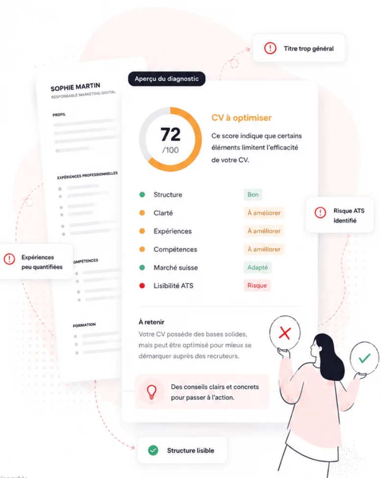 Aperçu illustratif de l'analyse : un CV analysé, un score de 72/100 avec six axes (structure, clarté, expériences, compétences, marché suisse, lisibilité ATS) et des annotations comme « Titre trop général » ou « Risque ATS identifié ».