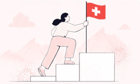 Une personne plante un drapeau suisse au sommet d'un escalier