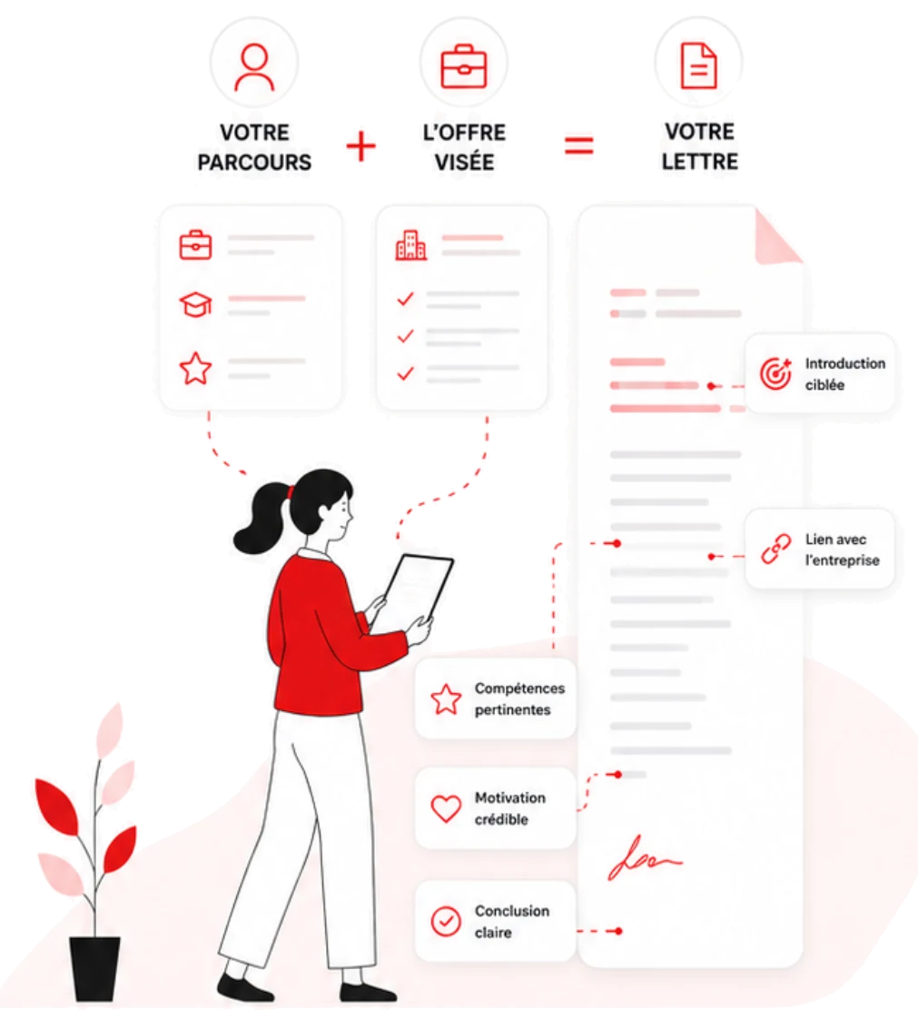 Votre parcours et l'offre visée réunis en une lettre structurée : introduction ciblée, lien avec l'entreprise, compétences pertinentes, motivation crédible et conclusion claire.