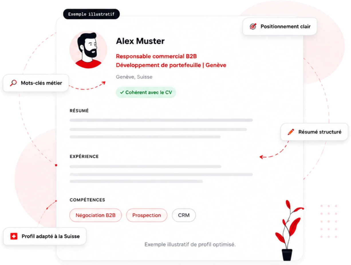 Exemple illustratif de profil LinkedIn optimisé : titre « Responsable commercial B2B | Développement de portefeuille | Genève », mention « Cohérent avec le CV », résumé et expériences structurés, compétences en mots-clés, avec les annotations « Positionnement clair », « Mots-clés métier », « Résumé structuré » et « Profil adapté à la Suisse ».