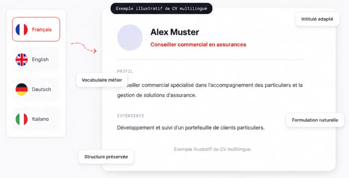 Un CV multilingue d'exemple : sélecteur de langue (français, anglais, allemand, italien) et un CV annoté — intitulé adapté, vocabulaire métier, formulation naturelle, structure préservée.